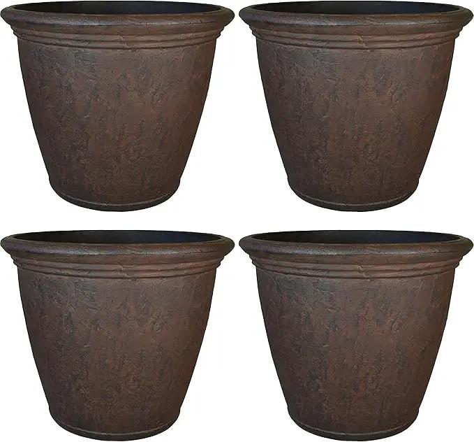 Sunnydaze 15.25-Inch Anjelica Large Plastic Pot for Plants - Outdoor Polyresin Round Planter with Drillable Drainage Holes - Rust - 4pk by GreenHaven Gardens