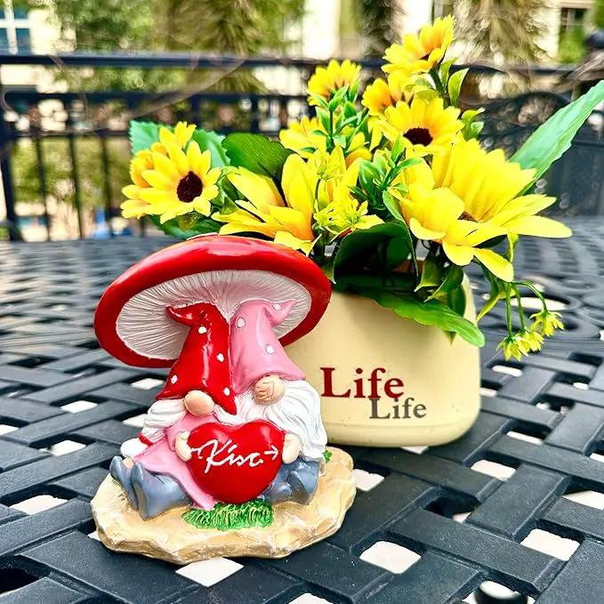 Garden Pink Tiny Gnome Couple Statue with Red Heart Mushroom Funny Outdoor Resin Figurines Home Decorations Valentine’s Day Housewarming Ornament Gift by GreenHaven Gardens