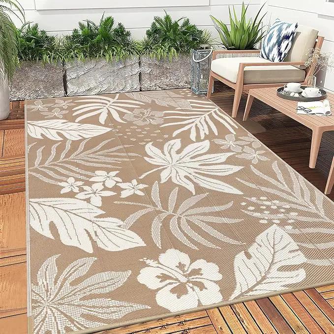 Pauwer Waterproof Outdoor Rug 6x9, Reversible Plastic Straw Patio Camping Rug, Indoor Outdoor RV Mat Carpet for Deck, Camper, Porch, Balcony, Backyard, Picnic, Floral Brown by GreenHaven Gardens