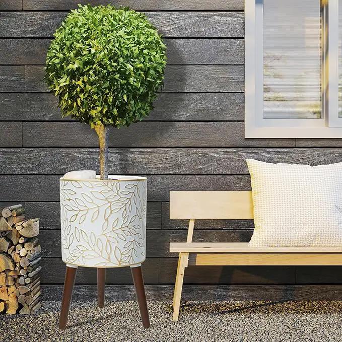 12inch Plant Pots with Wood Planter Holder Indoor Flower Pot with Gold Floral Embossed Modern Planters with Drainage Holes for Living Room, Office, Garden or Balcony by GreenHaven Gardens
