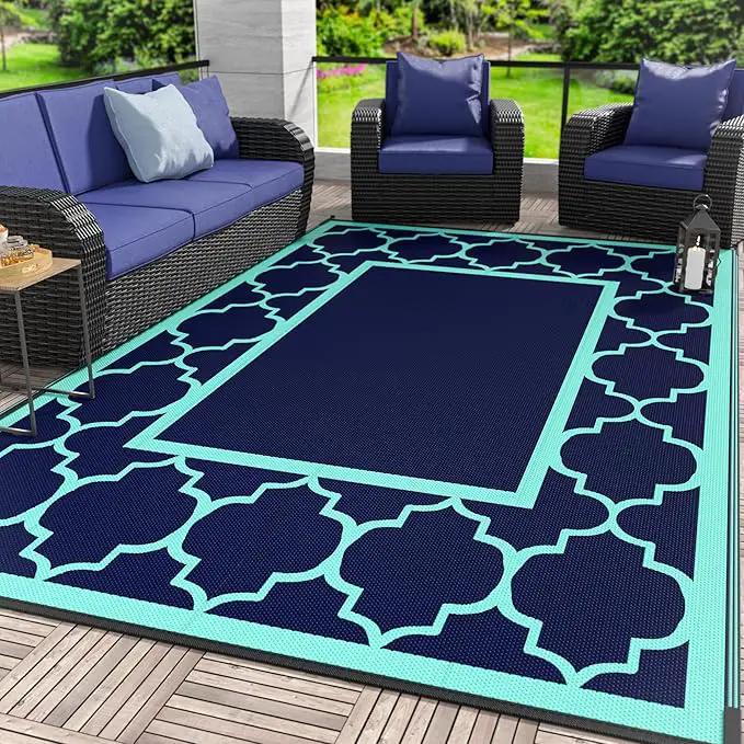GENIMO 8 ' x 10 ' Outdoor Rug for Patio, Waterproof Indoor Outdoor Plastic Straw Rugs Carpet, Reversible Outside Area Mat for Camping, Balcony Porch, Deck, Picnic, Beach Navy Blue & Jade Green by GreenHaven Gardens