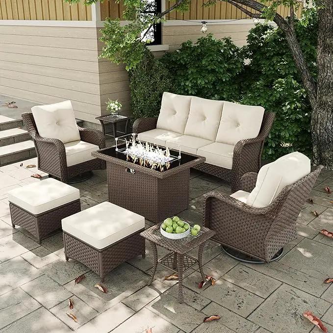 7 Pieces Outdoor Patio Furniture Sets with Rocking Swivel Chairs with 6-inch Thick Cushion and Fire Pit Table for Deck Lawn by GreenHaven Gardens