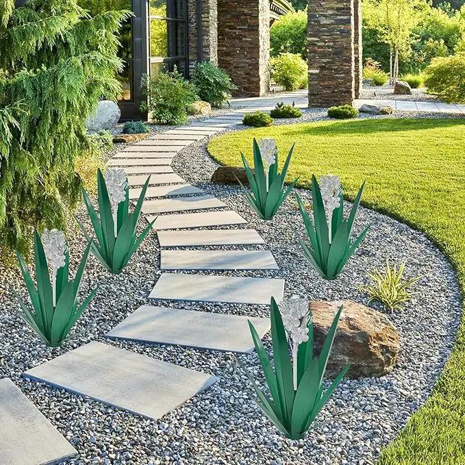 Metal Agave Plant Garden Art, 2 Pack Tequila Rustic Sculpture, Rustic Metal Agave Plants Garden Lawn Home Ornaments, for Yard Stakes, Garden Figurines, Outdoor Patio (2 PCS White Flowers) by GreenHaven Gardens
