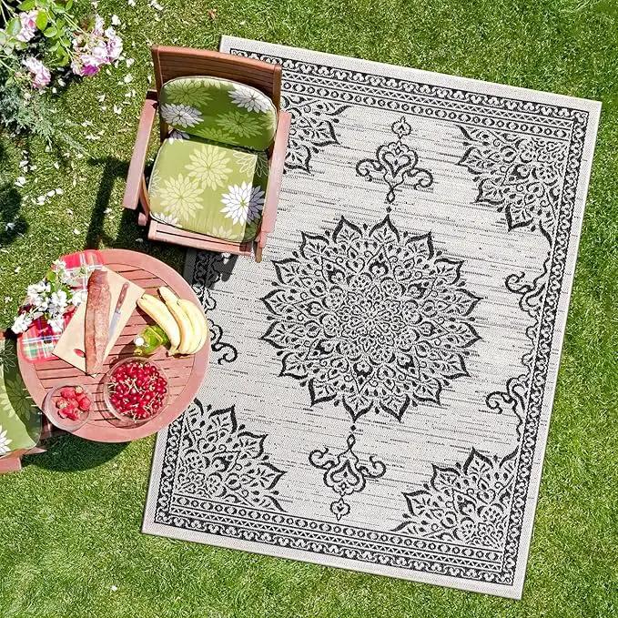 CAMILSON Outdoor Rug, 8x10 Medallion White Black Modern Area Rugs for Indoor and Outdoor Patios, Kitchen and Hallway Mats, Washable Porch Deck Outside Carpet (Medallion White, 8 x 10) by GreenHaven Gardens