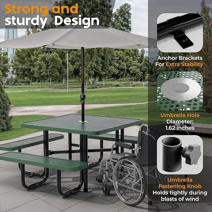 Metal Picnic Tables for Outdoors with Umbrella Hole - Coated Steel Heavy Duty Commercial Grade Table with Adjustable Seats (Green, 46 in, Square, Punched Steel) by GreenHaven Gardens