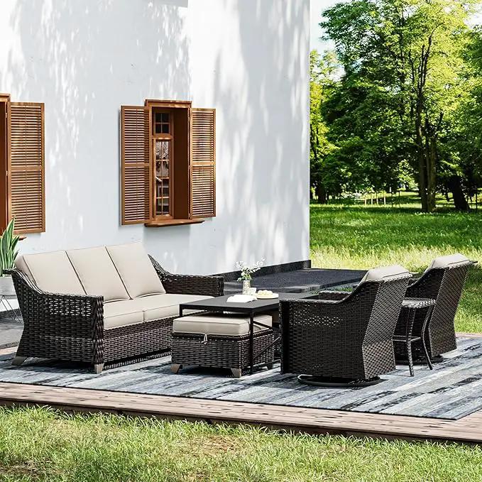 Joyside Wicker Patio Furniture Sets, 7 Pieces Upgraded Large Size Outdoor Furniture with Swivel Rocking Patio Chairs, 3-Seat Sofa, Outdoor Ottoman and Coffee Table, Thick Cushions, Wide Armrest by GreenHaven Gardens