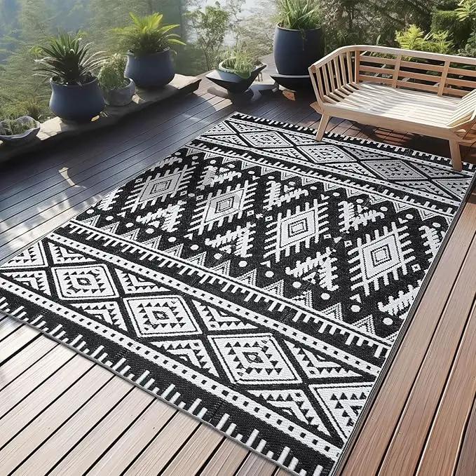OLANLY Outdoor Rug Waterproof 4x6 ft, Reversible Outdoor Plastic Straw Rug, Boho Patio Rug, Indoor Outdoor Carpet, RV Mat Outside for Patio, Camp, Picnic, Balcony, Deck, Backyard, Black & White by GreenHaven Gardens