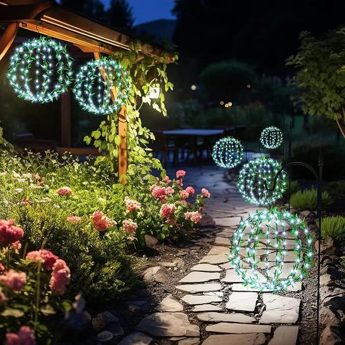 Joomer Solar Hanging Lights Outdoor, 2 Pack 12in 120 LED Solar Globe Lights, 8 Modes Waterproof Foldable Metal Sphere Light with Hook for Garden Yard Porch Decor- White (Ball with Green Leaf) by GreenHaven Gardens
