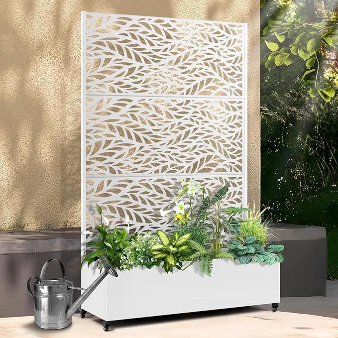 Raised Garden Bed with Trellis and Wheels,73"x47"x16" Metal Raised Garden Bed,White Flowing Leaf Metal Planter with Climbing Trellis for Vines & Vegetables by GreenHaven Gardens