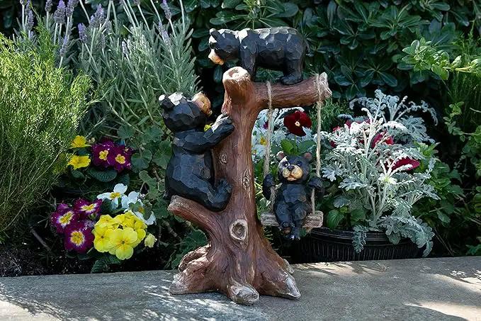 Exhart Garden Sculpture, Bear Family Tree Garden Statue with Real Swing, Outdoor Lawn and Yard Art Decoration, 9 x 6.5 x 14 Inch by GreenHaven Gardens
