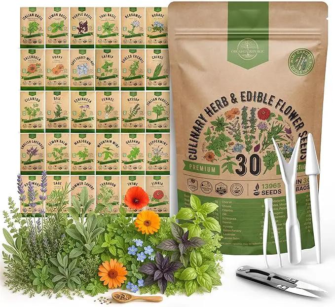 Organo Republic 30 Culinary Herbs & Edible Flower Seed Variety Pack- Indoor/Outdoor. 14000+ Non-GMO Heirloom Flower Seeds: Basil, Borage, Echinacea, Lavender, Oregano, Rosemary Seeds & More by GreenHaven Gardens