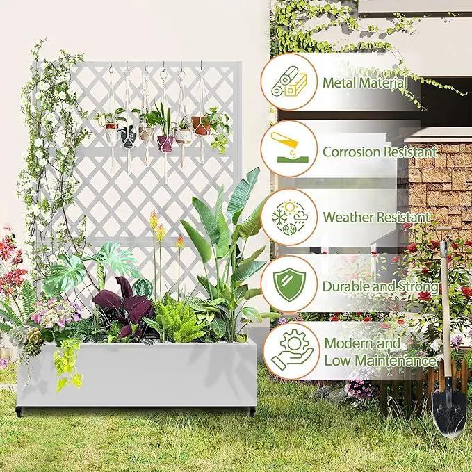 Metal Planter Trellis Box with Wheels & Drain Plug Outdoor Raised Garden Bed Patio Privacy Screen with Planter for Climbing Plants, Vegetables 73"x47"x16" White-Diamond by GreenHaven Gardens