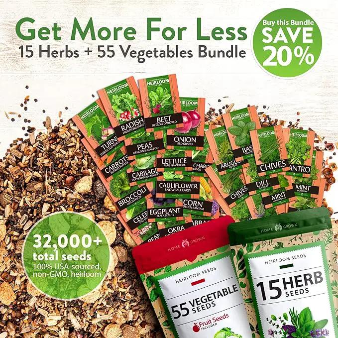 Home Grown 32,000+ Heirloom Seeds for Planting Vegetables and Herbs Bundle: 70 Unique Varieties - 100% Non-GMO Survival Seeds for Planting Indoor or Outdoors by GreenHaven Gardens