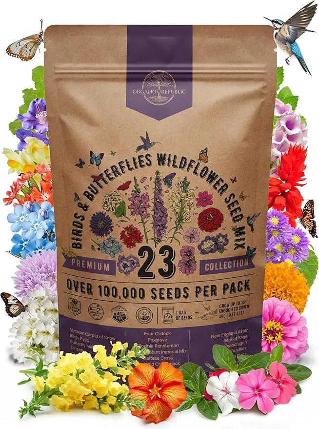 Organo Republic 23 Wildflower Seeds Annual & Perennial Mix for Indoor & Outdoors, Attract Birds & Butterflies 100,000+ Non-GMO, Heirloom Garden Seeds, 4oz Packet for Growing Wild Flowers by GreenHaven Gardens
