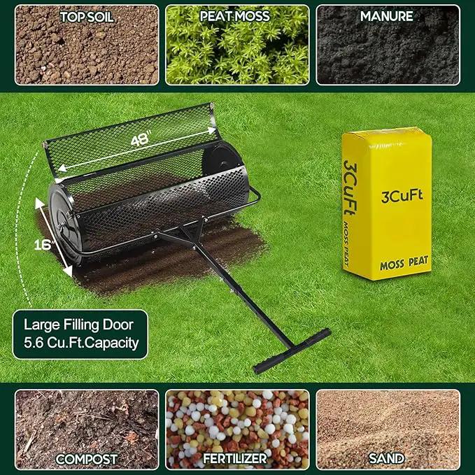 Compost and Peat Moss Spreader with Updated 2 in 1 ATV & T Shaped Handle, 16”WX48”L, Lawn and Garden Peat Moss Roller w/Laser Cutting Wire Mesh Baskets for Spreading Manure, Topsoil by GreenHaven Gardens