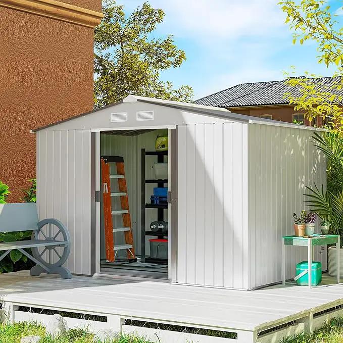 Outsunny 9' x 6' Outdoor Storage Shed, Garden Tool Metal Shed with Foundation Kit, Double Lockable Door, Air Vents and Sloping Roof, for Backyard, Patio, Lawn, Silver by GreenHaven Gardens