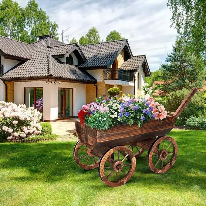 Wood Wagon Planter for Outdoor Balcony Decor - Garden Rustic Wooden Flower Cart with Wheels for Outside Garden Decor Wheelbarrow Planter for Patio by GreenHaven Gardens