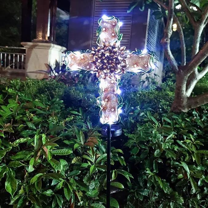 38inch Solar Cross Garden Lights Outdoor Decorative - Solar Metal&Glass Cross Apricot Hydrangea Flower Stake Lights- Waterproof 20 White LED for Remembrance Gifts & Sympathy Gifts by GreenHaven Gardens