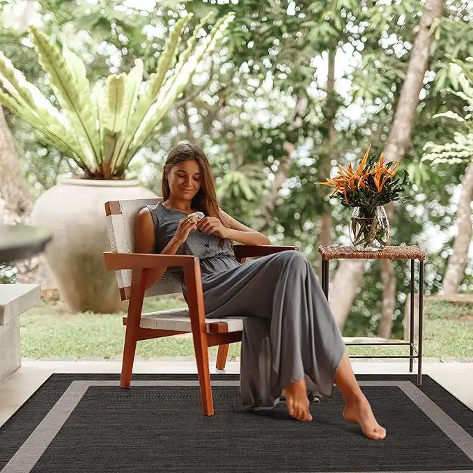 CAMILSON Outdoor Rug 9x12, Large Modern Outside Rugs for Patios Porches Waterproof Durable Washable Non-Shedding, Easy-to-Clean Indoor Outdoor Area Carpet (9 x 12, Bordered - Dark Gray/Light Gray) by GreenHaven Gardens