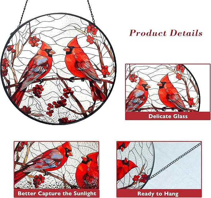 Cardinal Red Bird Suncatcher Stained Glass Suncatchers 7.87 Inch Stained Glass Ornament for Home Decor Indoor Wall Art for Christmas Day Valentine's Day Mother's Day Women by GreenHaven Gardens