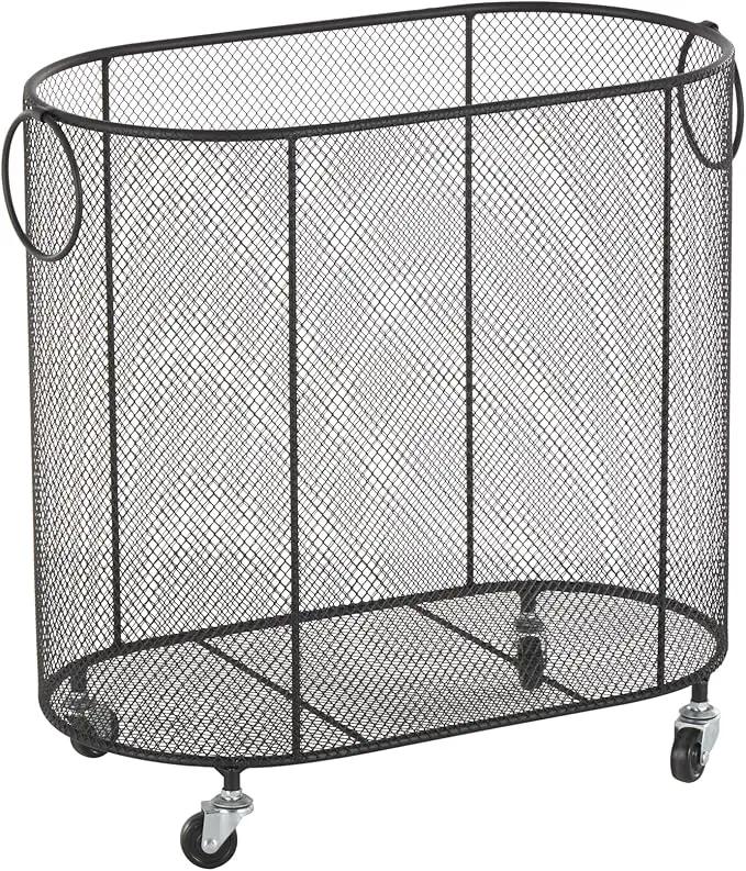 Deco 79 Metal Storage Cart Oval Mesh Wire Rolling Laundry with Ring Handles, 21" x 12" x 21", Black by GreenHaven Gardens