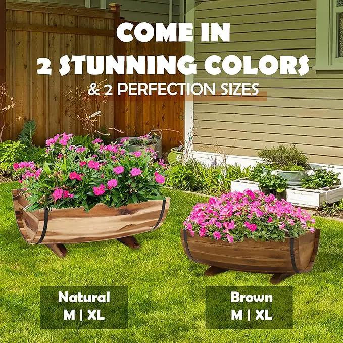 IDZO Solid Acacia Wood Half Barrel Planters Outdoor Set of 2 Different Sizes, Wooden Planters for Outdoor Plants with Metal Bands & Drainage Holes, Legs Included, Natural by GreenHaven Gardens