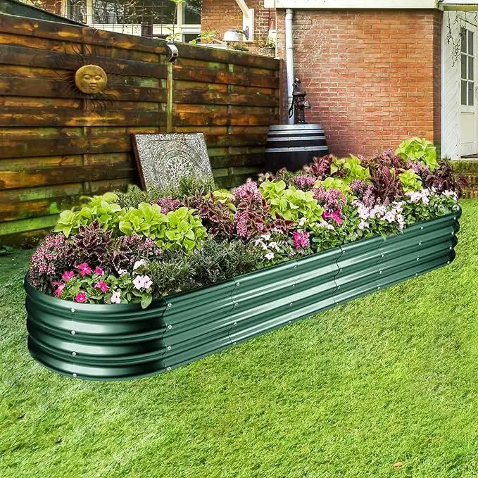 Land Guard 8×2×1ft Galvanized Raised Garden Bed Kit, 108 Gallon Capacity Raised Garden Boxes Outdoor, Oval Metal Raised Garden Beds for Vegetables, Forest Green (with 10 Connecting rods) by GreenHaven Gardens