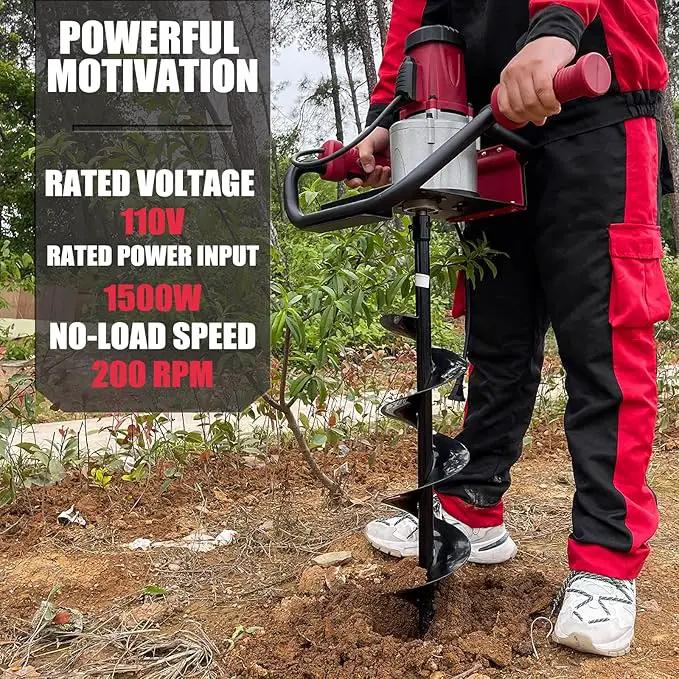 JACKCHEN 1500W Electric Post-Hole Digger with 6-Inch Auger Bit, Earth Auger Drill, Auger Bit Earth Auger, Ideal for Post Hole Digging, Drilling, Tree Planting, Red by GreenHaven Gardens