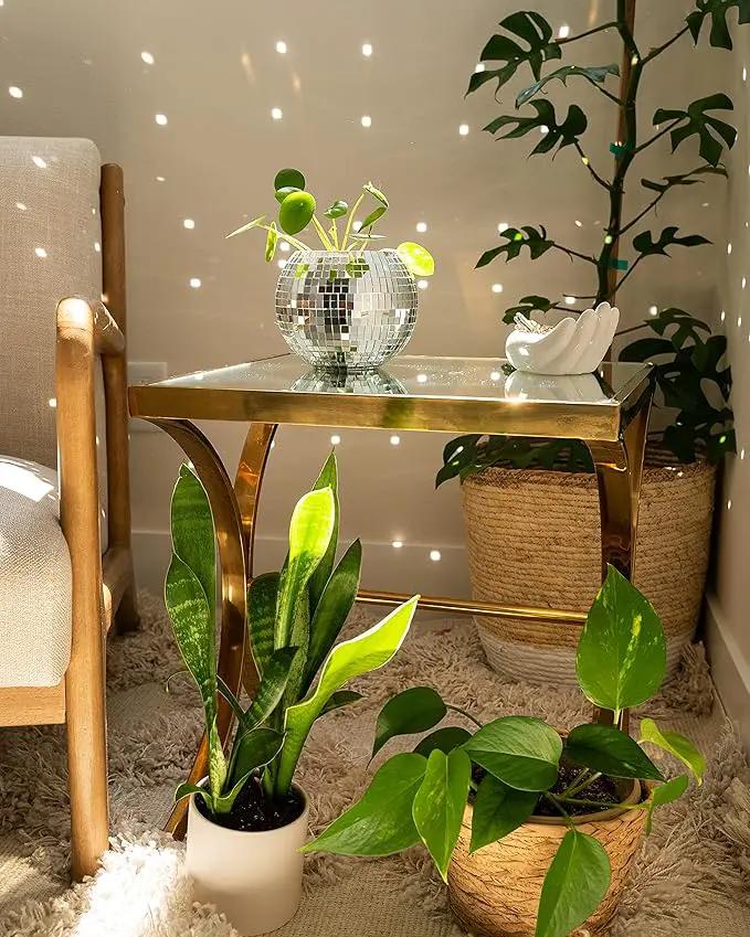 Hanging Disco Ball Planter 8" - with Acrylic Stand and Macrame Plant Hanger - Home Décor, Room Décor, Mirror Disco Planter, Disco Decor (6" with White Hanger, Flat Base) by GreenHaven Gardens