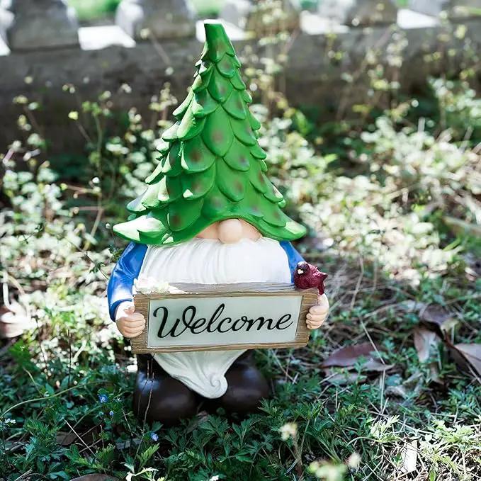 Garden Gnome Statue with Solar Lights, 13.5” Welcome Sign Gnome Outdoor Decor for Yard Lawn Patio, Funny Resin Gnome Sculptures, Gifts for Women Mom Grandma,Garden Decor Ornament by GreenHaven Gardens