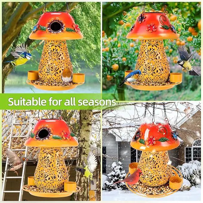 Mushroom Solar Bird Feeders for Outdoors Hanging Metal Wild Bird Feeder Garden Lantern with S Hook for Garden Decoration Orange by GreenHaven Gardens