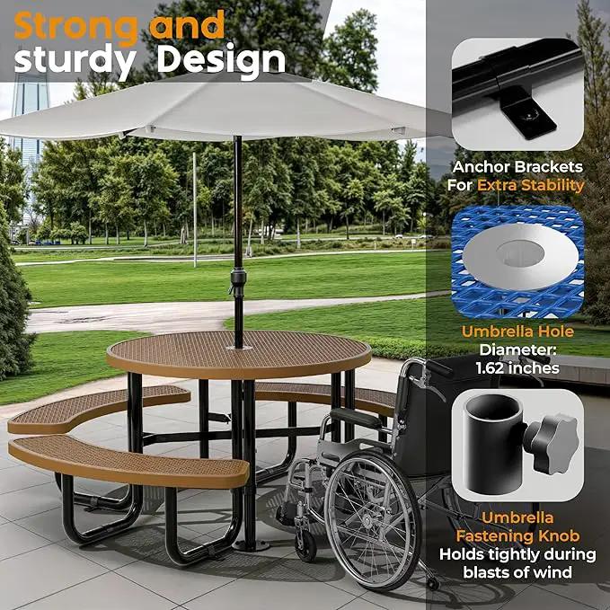 Metal Picnic Tables for Outdoors with Umbrella Hole - Coated Steel Heavy Duty Commercial Grade Table with Adjustable Seats (Brown, 46 in, Round, Expanded Steel) by GreenHaven Gardens
