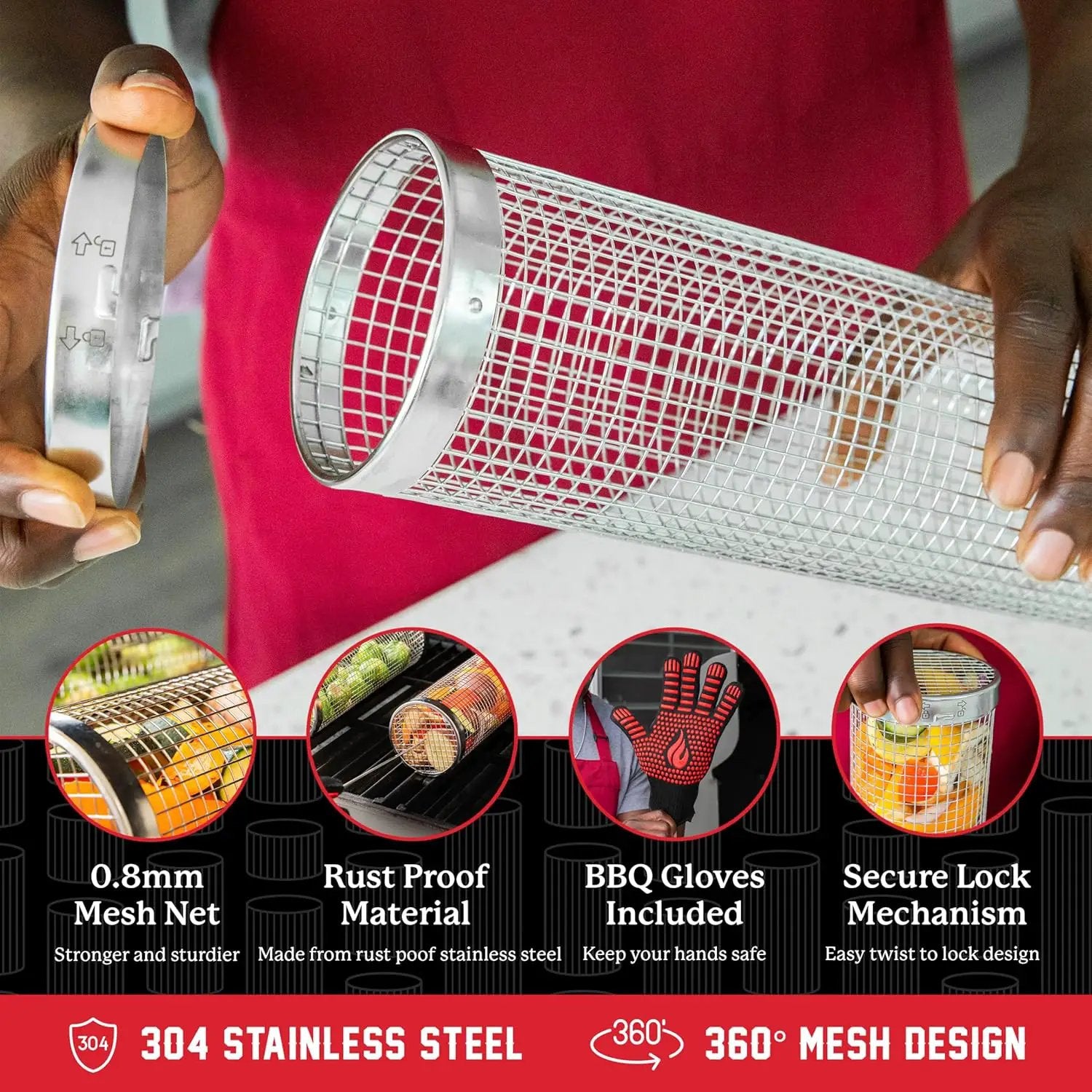 BLAZIN' GRILL Rolling Grill Basket | Rolling Grilling Baskets for Outdoor Grilling 2 Pcs | Barbecue Grill Set with BBQ Gloves | Portable Camping Net Rack Perfect for Vegetables, Seafood & Meat by GreenHaven Gardens