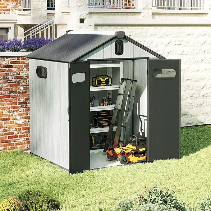 Domi 6x6FT Outdoor Resin Storage Shed with Transparent Windows & Louvered Vents, Plastic Tool Shed with Double Lockable Doors & Gable Roof, Outside Garden Shed for Backyard, Patio, Lawn, Grey by GreenHaven Gardens