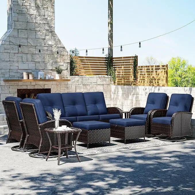 Joyside 9 Piece Patio Furniture Set, Outdoor Wicker Conversation Sets with Swivel Rocker Chairs and Sofa, Thick Cushion, Rattan Patio Sectional for Porch, Deck Use (Brown/Blue, 9 PCS) by GreenHaven Gardens