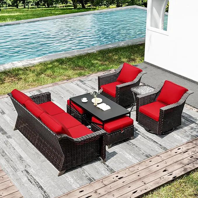 Joyside Wicker Patio Furniture Sets, 7 Pieces Upgraded Large Size Outdoor Furniture with Swivel Rocking Patio Chairs, 3-Seat Sofa, Outdoor Ottoman and Coffee Table, Thick Cushions, Wide Armrest by GreenHaven Gardens