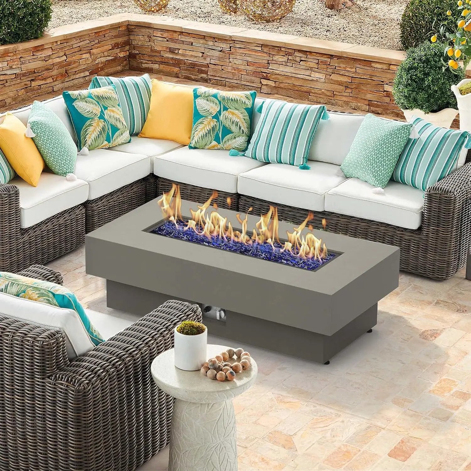 48-inch Fire Table with Natural Gas Conversion Kit, 50,000BTU Outdoor Modern Patio Fire Pit Table w/Rectangular Burner Lid, Glass Rocks, Cover by GreenHaven Gardens