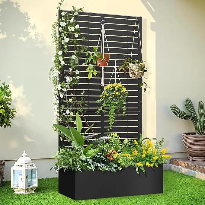 Trellis for Climbing Plants Outdoor，Mental Garden Bed with Drainage Holes Outdoor Privacy Screen Design Tall planters for herb Flower Vegetables 73"x35"x16", Black-Louvered by GreenHaven Gardens