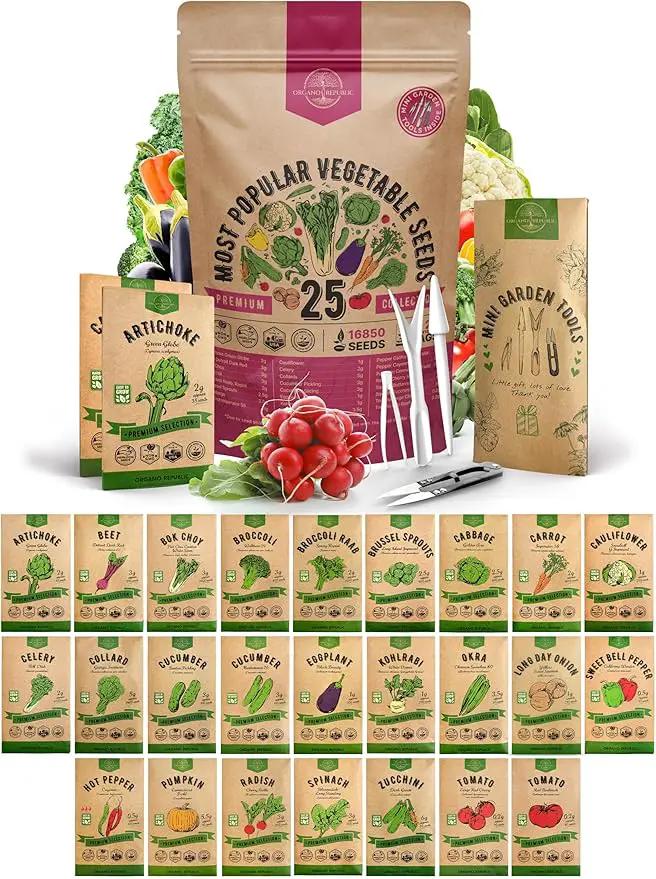 Organo Republic 25 Vegetable Seeds Variety Pack - 16,850+ Non-GMO Heirloom Seeds for Planting Vegetables & Fruits in Individual Seed Packets, Home Garden Seeds for Hydroponic, Indoor & Outdoor Garden by GreenHaven Gardens