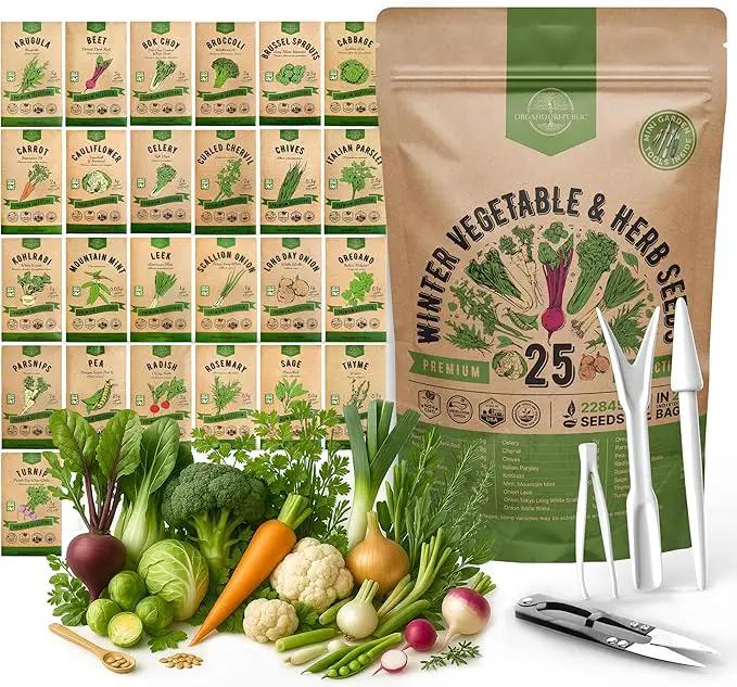 Organo Republic 25 Winter Vegetable & Herb Garden Seeds Variety Pack for Outdoors & Indoor Home Gardening 22,840+ Non-GMO Heirloom Seeds Broccoli Beet Carrot Cabbage Radish Pea Mint Thyme Parsley by GreenHaven Gardens