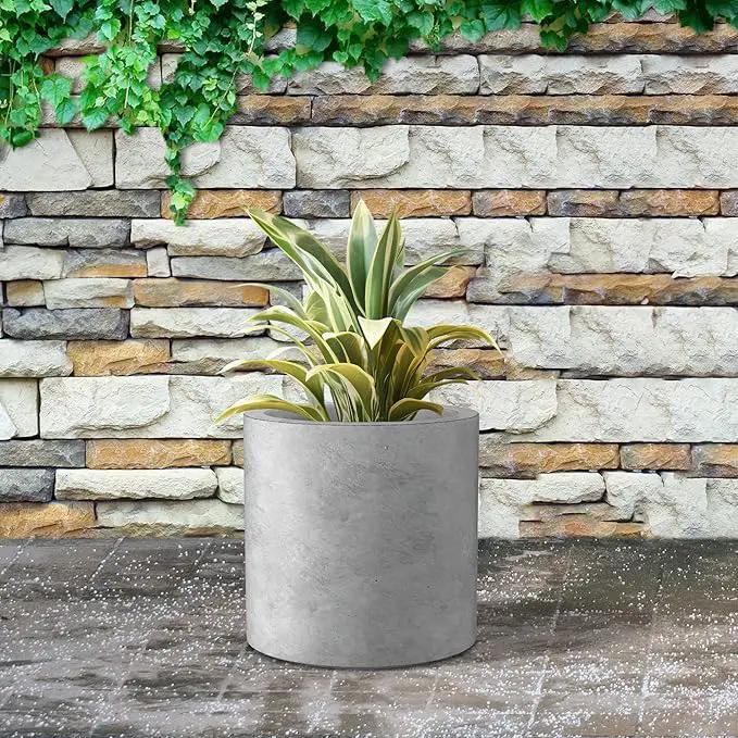 Kante 9.8" Dia Round Concrete Planter, Modern Style Large Cylindrical Plant Pot with Drainage Hole and Rubber Plug for Indoor Outdoor Patio, Natural Concrete by GreenHaven Gardens