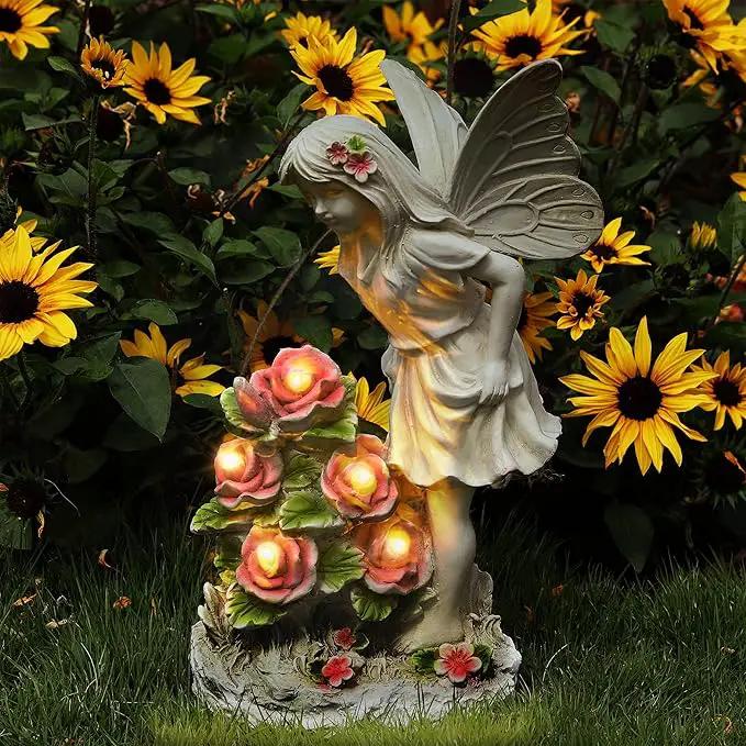 Garden Figurines Angel Garden Statue Outdoor Decor, Solar Powered Resin Sculpture with 5 LEDs Art Decoration for Patio Lawn Yard Porch, Ornament Housewarming Garden Gift, 12.8 x 7.5 x 6.1 Inch by GreenHaven Gardens