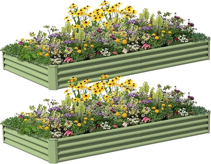 8X4X1ft 2PCS Raised Garden Bed Kit,Galvanized Raised Garden Beds Outdoor,Large Metal Planter Box Steel Kit Flower Herb,Vegetables..Grass Green by GreenHaven Gardens