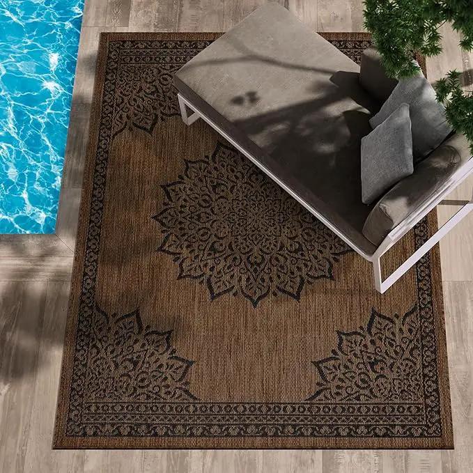CAMILSON Outdoor Rug 8x10 Medallion Nut Brown Black Modern Area Rugs for Indoor and Outdoor Patios, Kitchen and Hallway Rug, Washable Porch Deck Outside Carpet (8 x 10) by GreenHaven Gardens