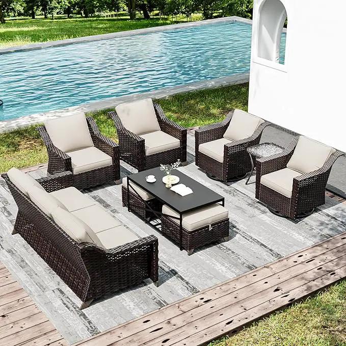 Joyside Wicker Patio Furniture Sets, 9 Pieces Upgraded Large Size Outdoor Furniture with Swivel Rocking Patio Chairs, Patio Dining Chair, 3-Seat Sofa, Outdoor Ottoman, Coffee Table, Thick Cushions by GreenHaven Gardens