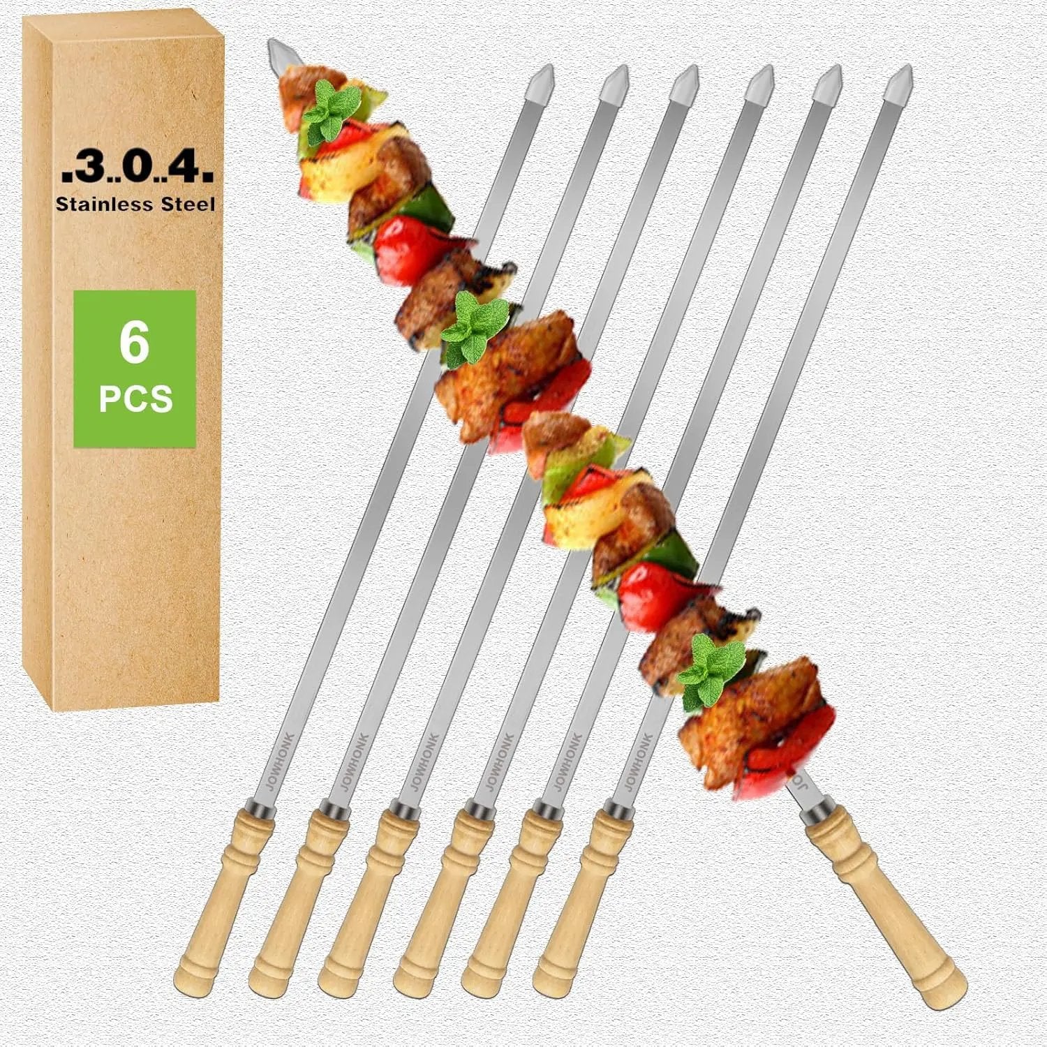 21.5" Long 304 Stainless Steel Skewers for Grilling with Wood Handle,Wide Flat Metal Skewers for Kabobs,Kabob Skewer,BBQ Barbecue Skewer Reusable for Outdoor Grill（6 PCS） by GreenHaven Gardens