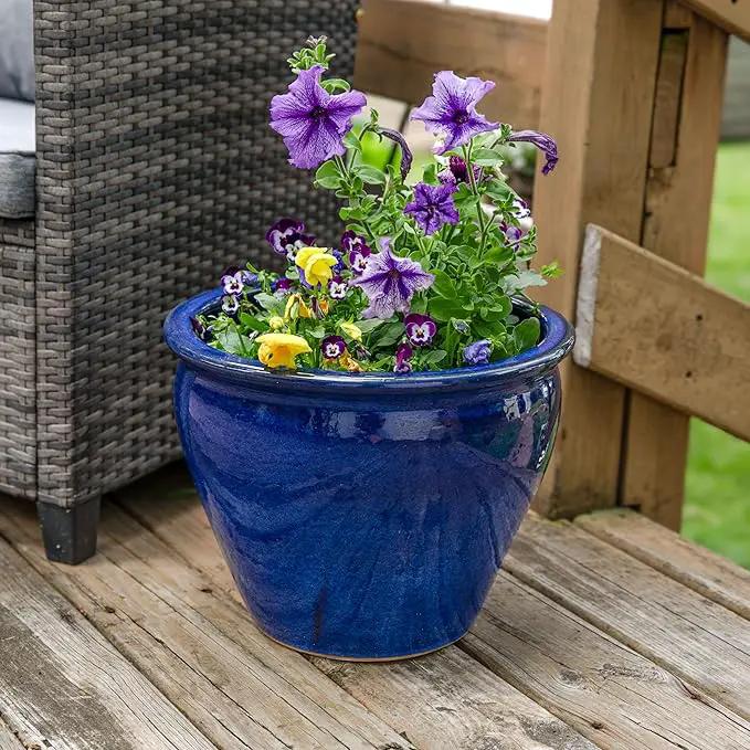 Sunnydaze 18.5" Large Ceramic Plant Pot - Round Outdoor Glazed Ceramic Planter Pot with Drainage - Imperial Blue - Studio by GreenHaven Gardens