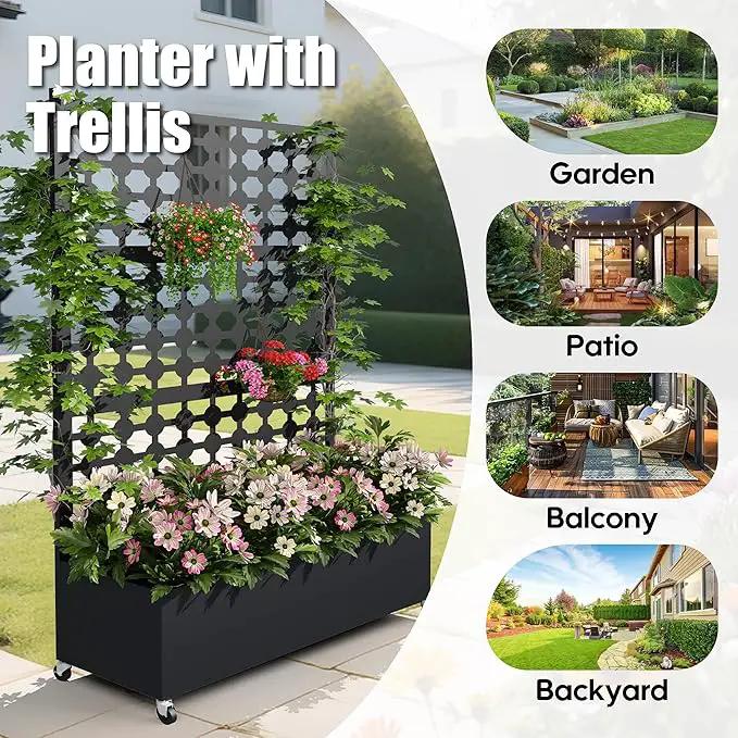Metal Planter Box with Trellis Privacy Screen, Raised Garden Bed with Dots Trellis & Wheels, Privacy Planters for Patio, Planter Box for Climbing Plants, Flower, 73"x 47"x 16", Black by GreenHaven Gardens