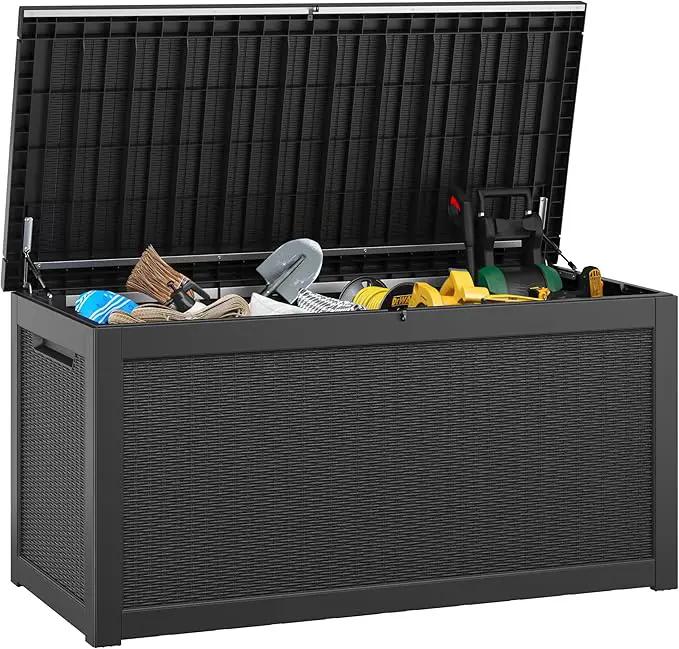 KAMABOKO 260 Gallon Outdoor Storage Box, Resin Deck Boxes Indoor and outdoor, Waterproof Storage Box Lockable Lid for Garden Tools, Package Delivery, Patio Cushions, Black by GreenHaven Gardens