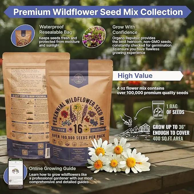 Organo Republic 16 Perennial Wildflower Seeds Mix for Indoor & Outdoors. 100,000+ Non-GMO, Heirloom Wildflower Garden Seeds, 4oz Packet for Growing Wild Flowers to Attract Bees, Butterflies & Birds by GreenHaven Gardens